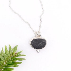 Maine Beach Stone Pendant Necklace, Black Pebble Jewelry, Handmade Sterling Silver, Jewelry for Women, Mother&#39;s Day Gift for Her, Maine made