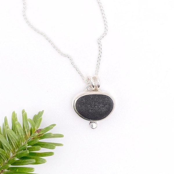 Maine Beach Stone Pendant Necklace, Black Pebble Jewelry, Handmade Sterling Silver, Jewelry for Women, Mother's Day Gift for Her, Maine made