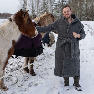Merino wool bathrobe with hood and pocket Warm wool robe with hood Sheep wool bathrobe Winter merino coat Birthday gift for dad Gift for mom