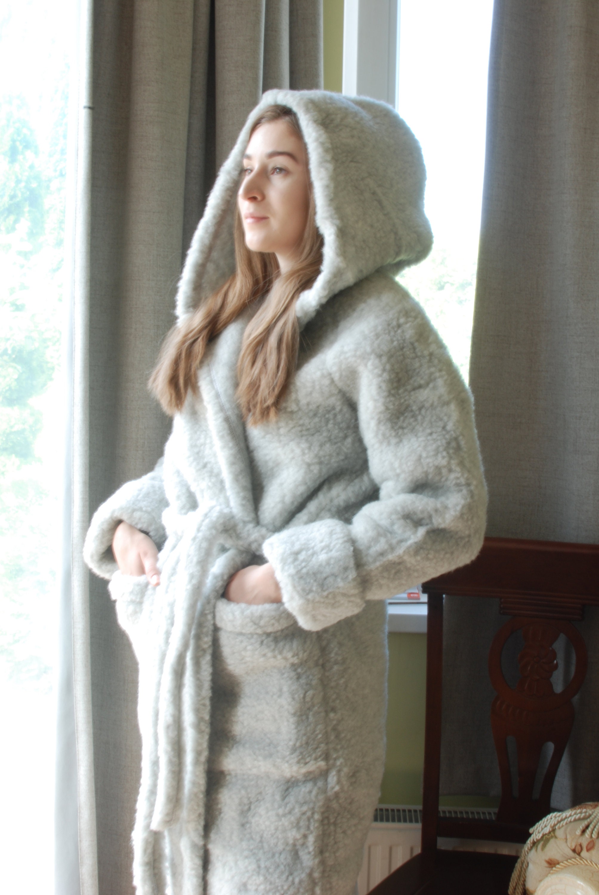 Merino Wool Robe With Hood Grey Sheep Wool Bathrobe Hooded Robe With