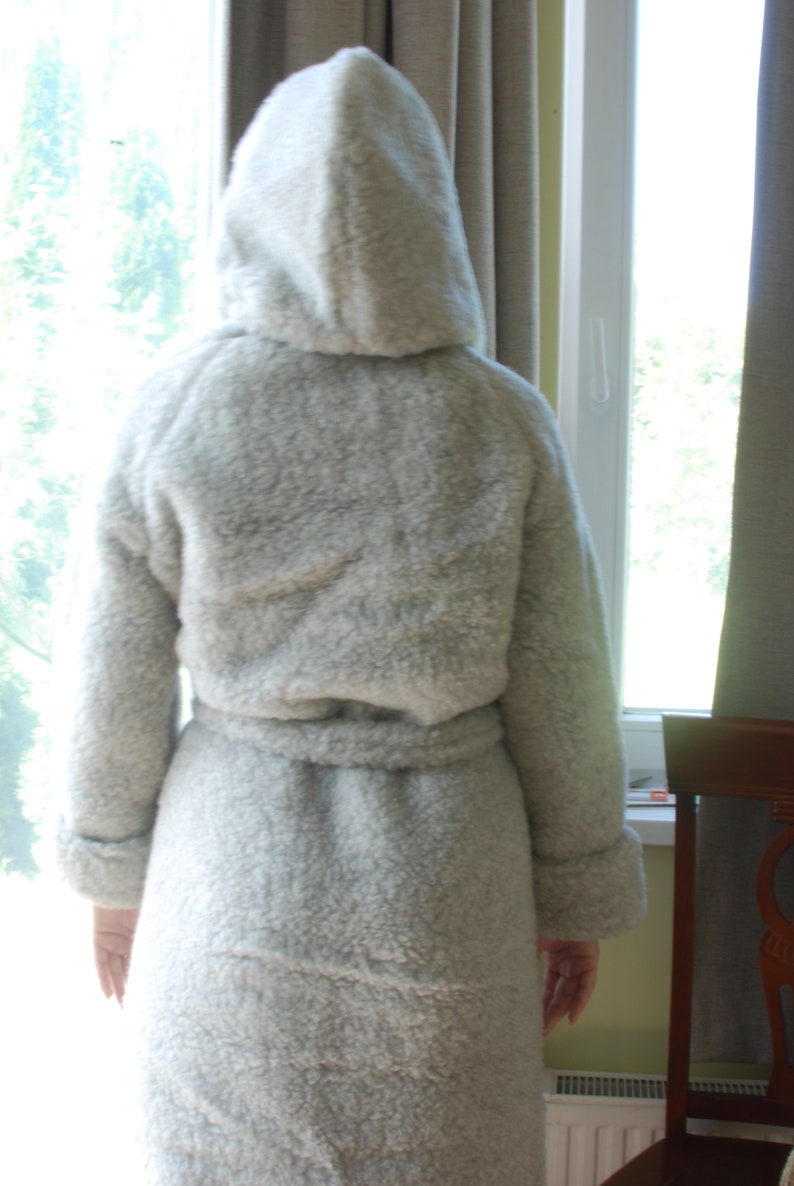 Merino Wool Robe With Hood Grey Sheep Wool Bathrobe Hooded Robe With