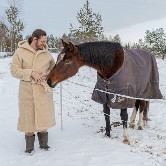 Peignoir en laine mérinos avec capuche peignoir chaud en laine de mouton