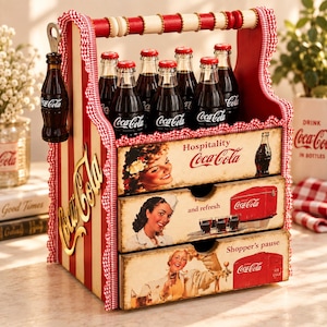 Handgjord Coca-Cola-organisatör, retro köks- och barförvaring, bänkdekor i vintagestil med flasköppnare