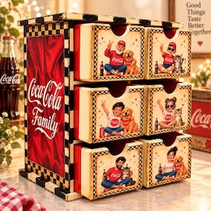 Handgjord Coca-Cola Family träorganisatör med 6 lådor, retrodekor, sliten finish
