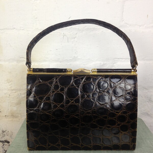 Quality Vintage 1940's Crocodile Skin Kelly Bag in Mocha/Brown with Single Top Handle - Made In England