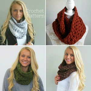 May include: Four different crochet cowl neck warmers in various colours, including grey, rust, green, and brown. The crochet pattern is visible in each cowl.