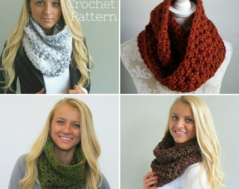 May include: Four different crochet cowl neck warmers in various colours, including grey, rust, green, and brown. The crochet pattern is visible in each cowl.