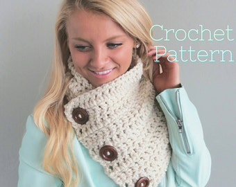 Crochet pattern, 3 button scarf, crochet scarf pattern, DIY scarf, Chunky scarf pattern, Button scarf, crochet wrap scarf, instant download