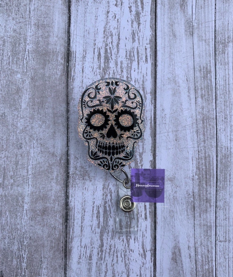 Sugar skull glitter badge reel skull retractable badge reel Etsy
