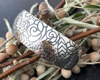 Argentium Sterling Silver Embossed Roses Floral Designed Textured Cuff