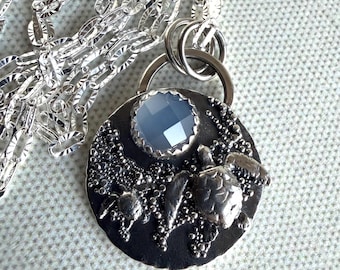 Sea Turtles and Blue Chalcedony Argentium Sterling Silver Pendant Necklace