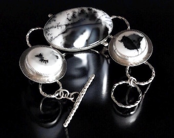 Dendritic Opal Bracelet, Secret Wolf, Forest and Snow Scene, Argentium Sterling Silver