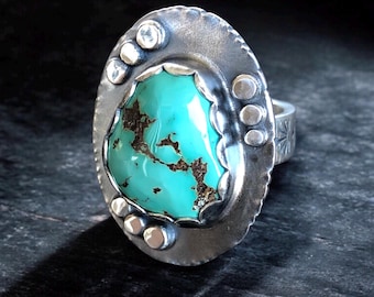 Royal Blue Royston Turquoise Ring Hand Stamped Band size 9 Argentium Sterling Silver