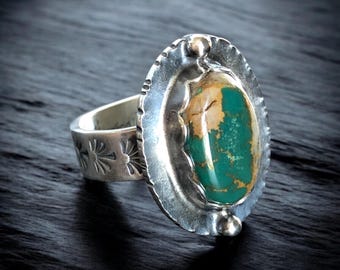 Royston Turquoise Ring Hand Stamped Band size 8 Argentium Sterling Silver