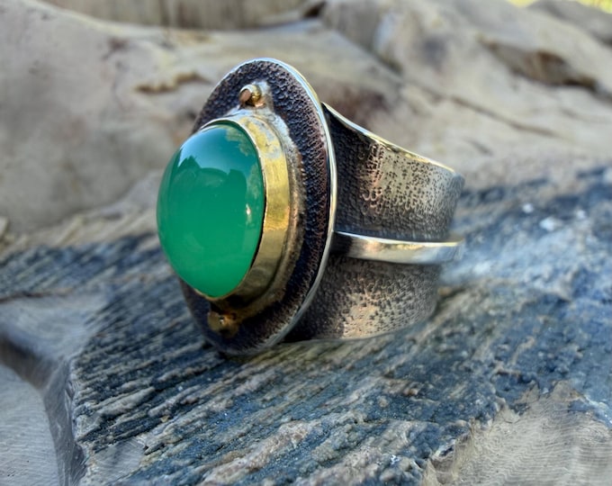 Featured listing image: Chrysoprase set in Argentium Sterling Silver and 18k Gold Ring size 6.75