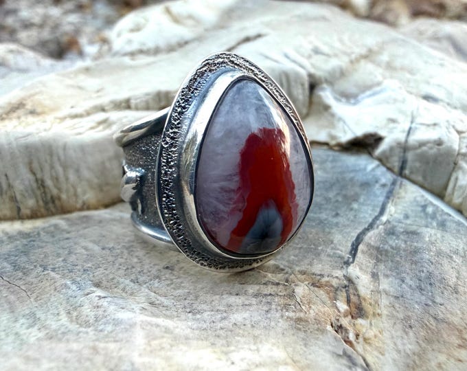 Featured listing image: Kentucky Agate and Koi Fish Argentium Sterling Silver Storyteller Ring size 6.5