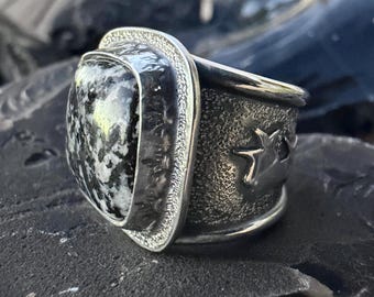 Firefighters Chinook Argentium Sterling Silver Storytelling Diorite Ring size 8.5