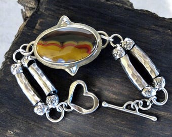 Kentucky Agate Bracelet Argentium Sterling Silver and Fine Silver.  Red Black and Yellow.