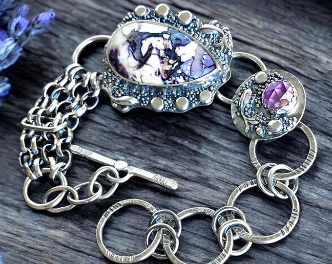 Featured listing image: Purple Tiffany Stone Opal Flourite Bracelet with Amethyst Accent Stone and Koi Fish Argentium Sterling Silver