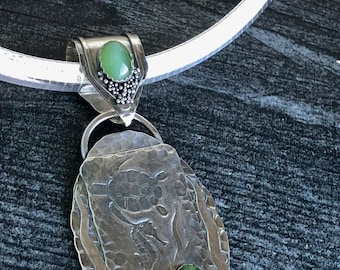 Sea Horse and Sea Turtle Argentium Sterling Silver Pendant with Cat’s Eye Jade