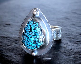 Kingman Turquoise Teardrop Ring Hand Stamped Band size 7 Argentium Sterling Silver