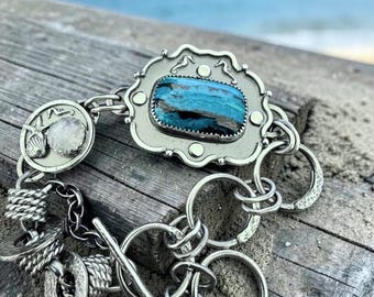 Seahorse Bracelet with Chilean Blue Opal and Light Blue Moonstone Argentium Sterling Silver