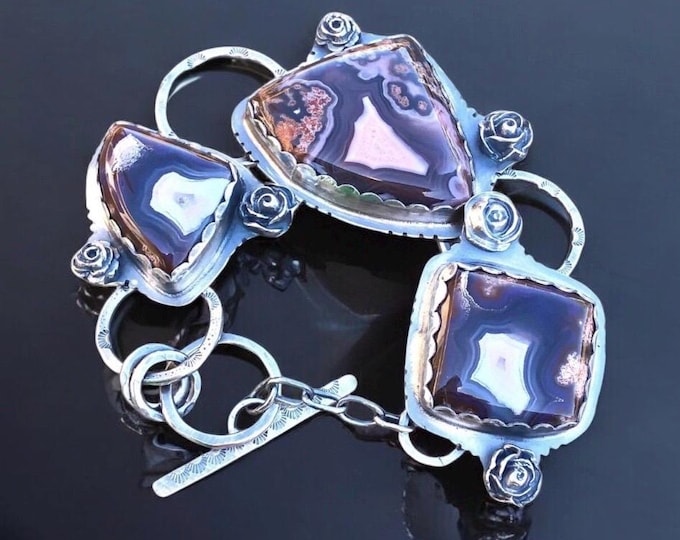 Featured listing image: Purple Passion Agate Trio Bracelet with Roses set in Argentium Sterling Silver