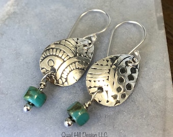 Textured Paisley Floral Teardrop Argentium Sterling Silver Earrings with bead accents.