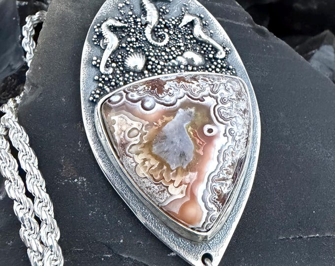 Featured listing image: Crazy Lace Agate & South Sea Pearl Seahorse Pendant. Argentium Sterling Silver Necklace.