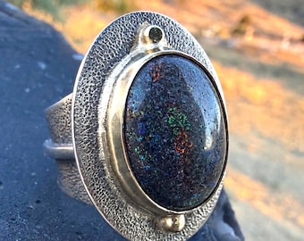 Andamooka Matrix Opal set in Argentium Sterling Silver and 18k Gold Ring size 9