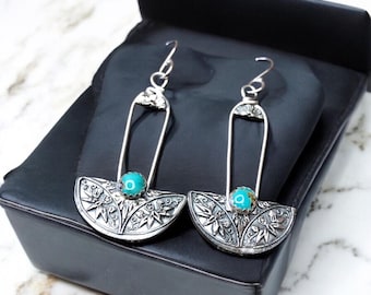 Dyer Blue Turquoise and Half Circle Fine and Argentium Sterling Silver Earrings