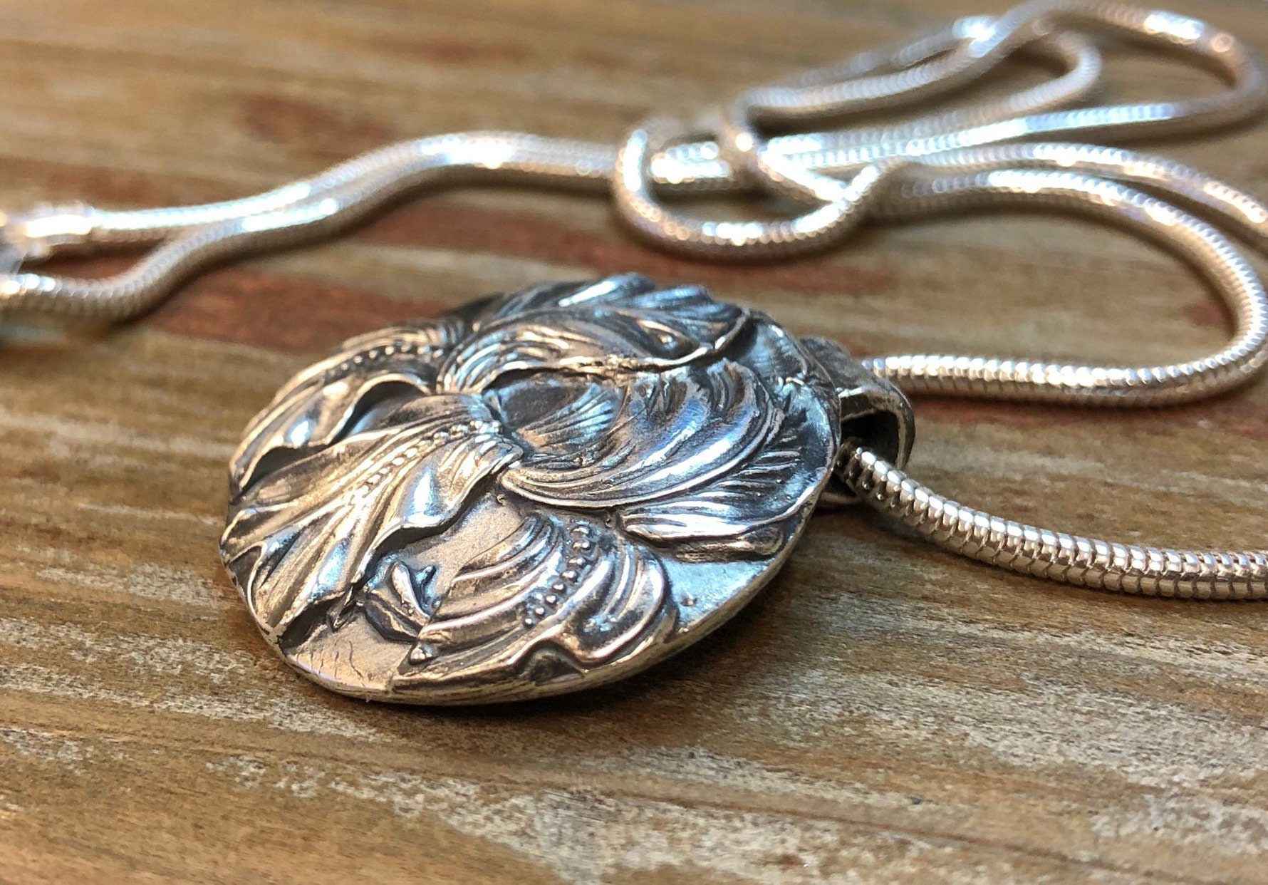 Iris Pendant, Fine Silver Pendant, Round Silver Medallion, Sterling Silver Necklace Chain Jewelry