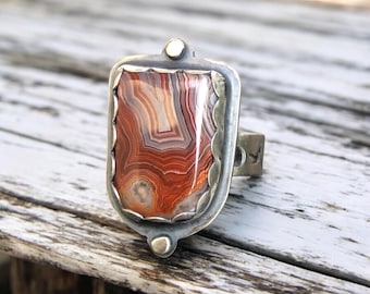 Crazy Lace Agate Argentium Sterling Silver Ring size 8.75