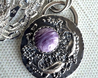 Koi Fish and Charoite Argentium Sterling Silver Pendant Necklace