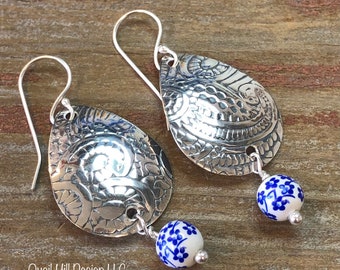 Textured Paisley Floral Teardrop Argentium Sterling Silver Earrings with bead accents.