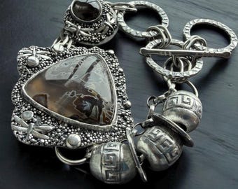 Turkish Stick Agate and Moonstone Dragonfly Bracelet Argentium Sterling Silver