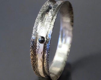 Sterling Silver Hematite Spinner Stacker Hammered  Meditation Argentium Textured Bangle Bracelet