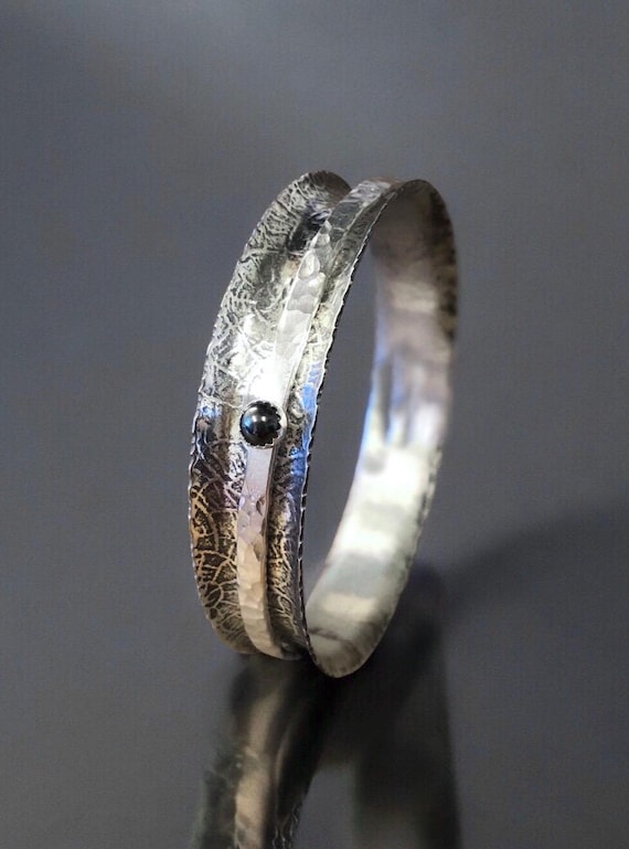 Sterling Silver Hematite Spinner Stacker Hammered Meditation Argentium Textured Bangle Bracelet