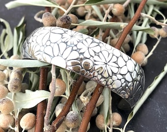 Argentium Sterling Silver Embossed Floral Designed Textured Cuff