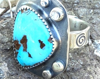Nevada Blue Turquoise Ring Stamped Spirals size 8.5 Argentium Sterling Silver