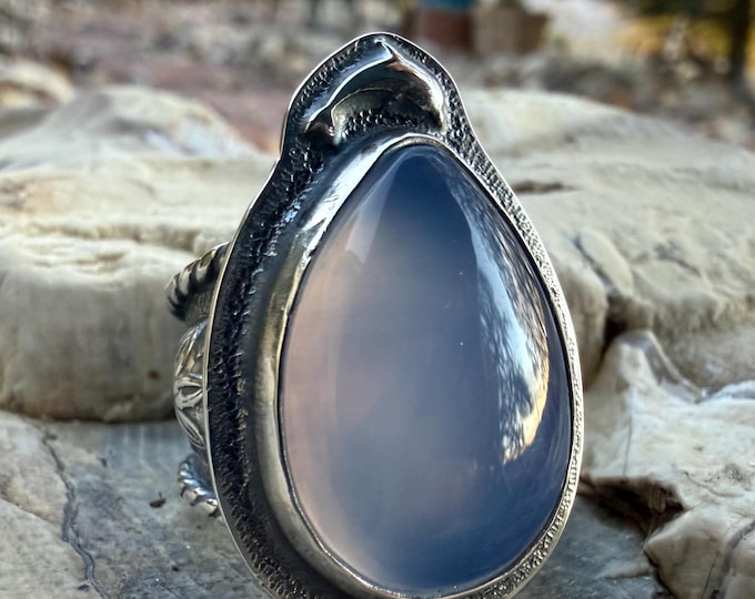 Featured listing image: Abyssinian Blue Chalcedony Angel Wing Chalcedony Ocean Theme Dolphin Sand Dollars Ring Argentium Sterling Silver size 7.25