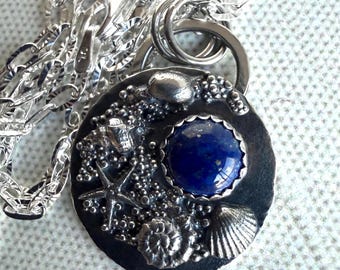 Sea Shells and Lapis Lazuli Argentium Sterling Silver Pendant Necklace