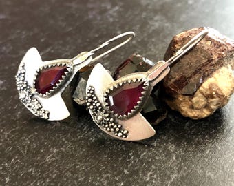 Garnet Half Moon Argentium Sterling Silver Earrings