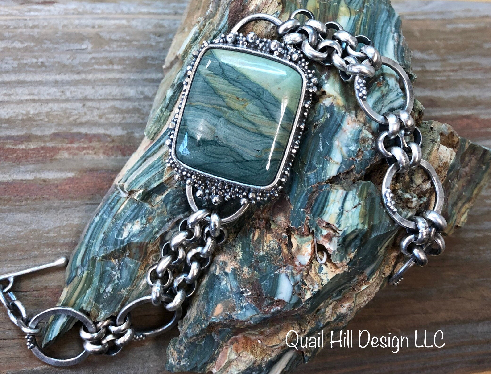 Larsonite, Gary Green Jasper, Boho, Sterling Silver, Argentium, Handmade  Bracelet