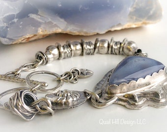 Abyssinian Blue Chalcedony Dolphin Starfish Shell Ocean Boho Bracelet, Sterling Silver, Handmade, Artisan Silversmith, Argentium, Jewelry