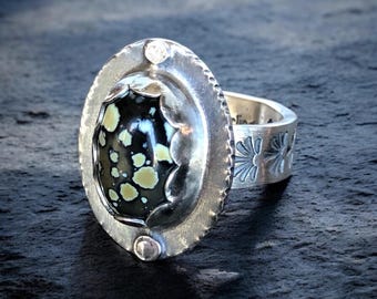 Kaleidoscope Variscite Ring Hand Stamped Band size 6 Argentium Sterling Silver