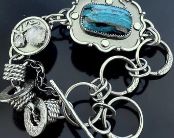 Seahorse Bracelet with Chilean Blue Opal and Light Blue Moonstone Argentium Sterling Silver
