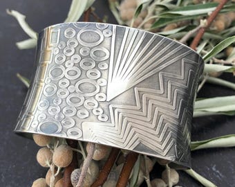 Argentium Sterling Silver Embossed Geometric Designed Textured Cuff