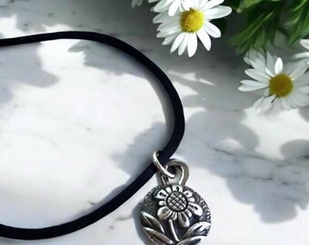 Dainty Flower Pendant, Fine Silver Pendant, Round Silver Medallion, Sterling Silver Necklace Chain Jewelry