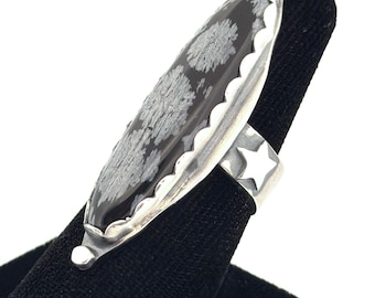 Snowflake Obsidian and Stars Argentium Sterling Silver Statement Ring size 6